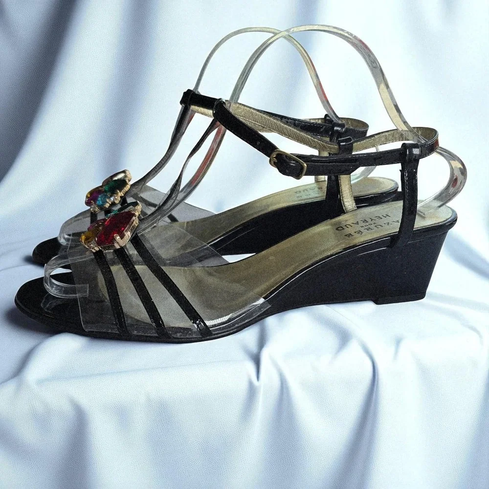 Azuree‎ Pour Heyraud Embellished Wedge Sandals Black Clear Strappy Woman Size 8